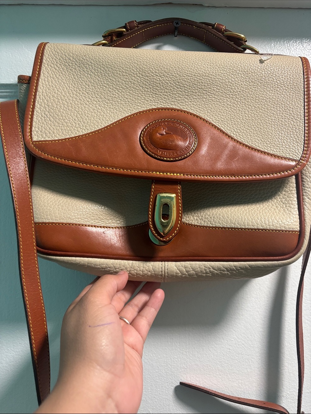 Dooney & Bourke Cream and Brown Pebbled Leather Crossbody Satchel